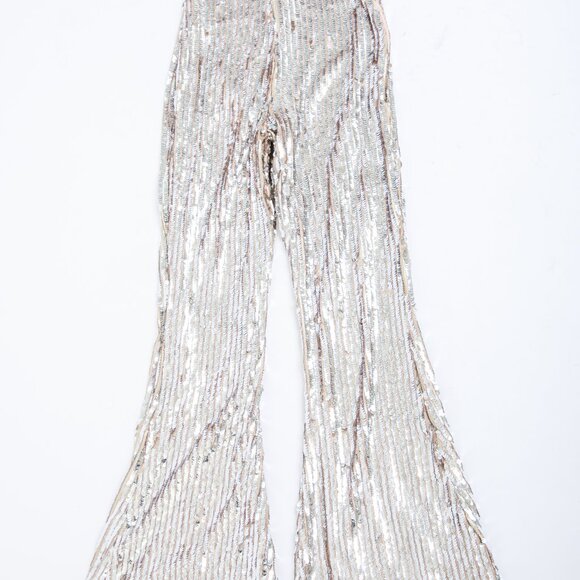 Club L London Dropping Hints | Champagne Sequin Wide Leg Trousers Size 4 / Small - Picture 9 of 10